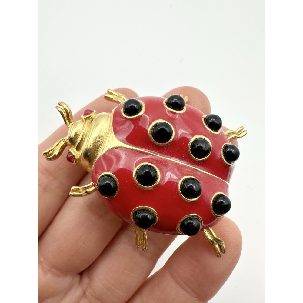 Vintage Trifari Ladybug Brooch Red Enamel Gold Tone Signed